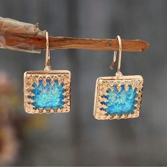 Blue Opal, Faux, Confetti Glitter Square Dangle Hook Gold color Earrings, Gift - Picture 1 of 4